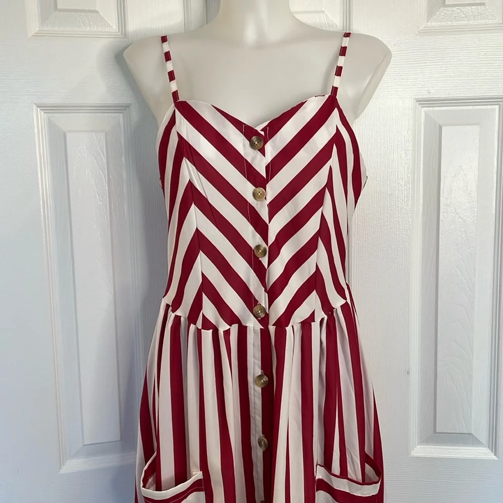 ZARA ZAFUL RED & WHITE STRIPE SPAGHETTI STRAP LONGER DRESS SIZE MEDIUM or 6